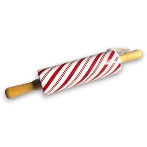 Candy Cane Striped 14" Ceramic Rolling Pin Wood Handles Christmas